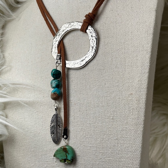 Turquoise Feather Pendant Lariat Necklace - Picture 4 of 7